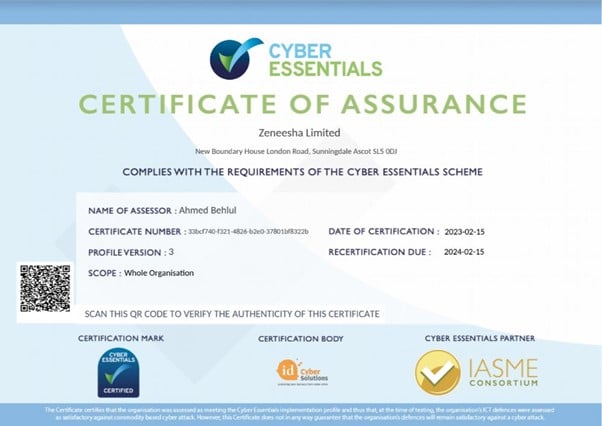 <strong>Zeneesha Receives Cyber Essentials Certification</strong>